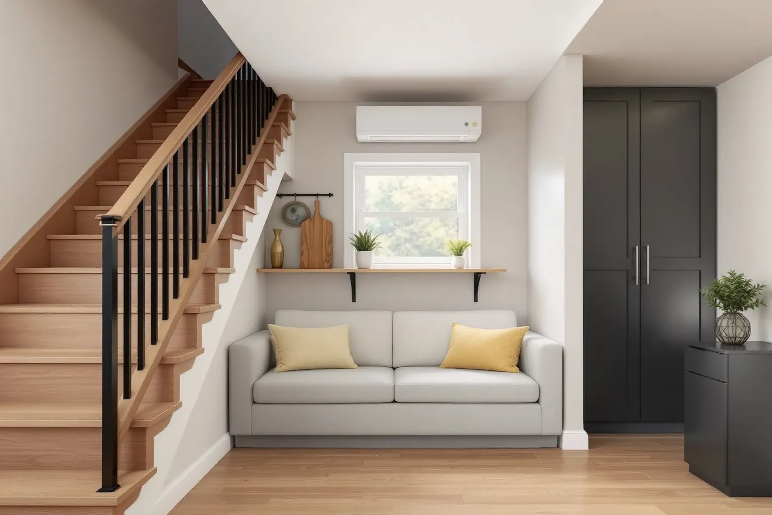 Example of a finished Ajax basement with an oak staircase, a grey loveseat under a small window, a wall mounted heat pump and tall charcoal cabinets