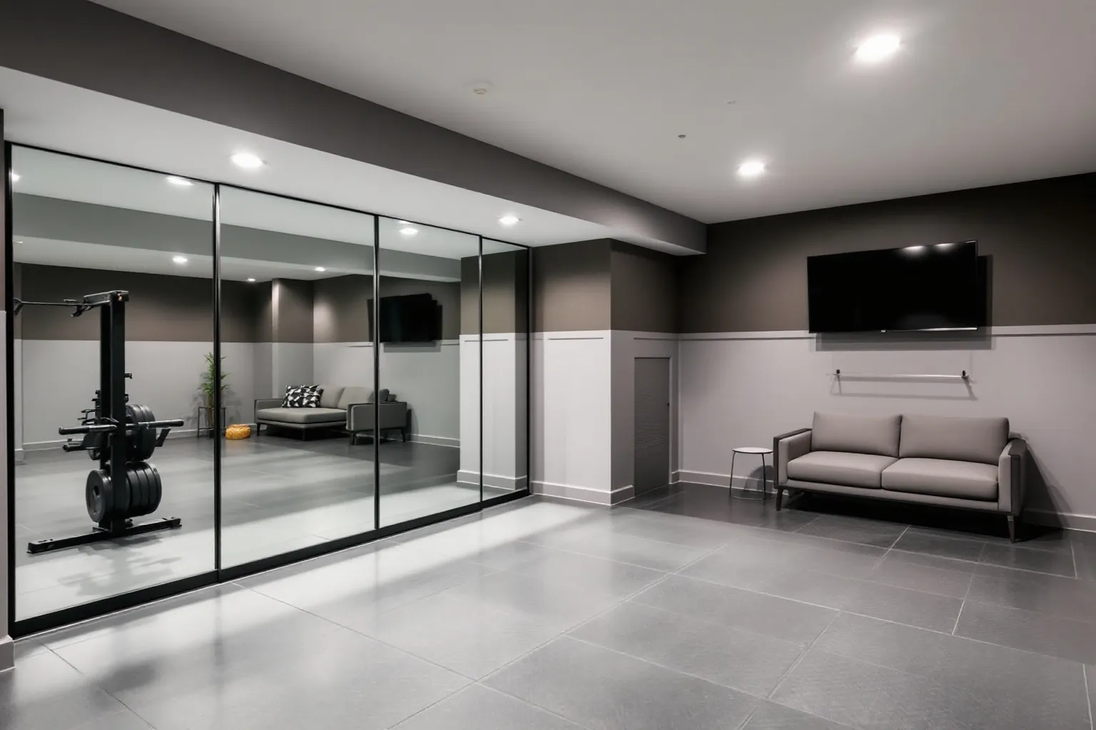 Example of a finished basement with a home gym behind a black framed glass wall, grey floor tile, a two tone grey wall, a wall TV and a small sofa