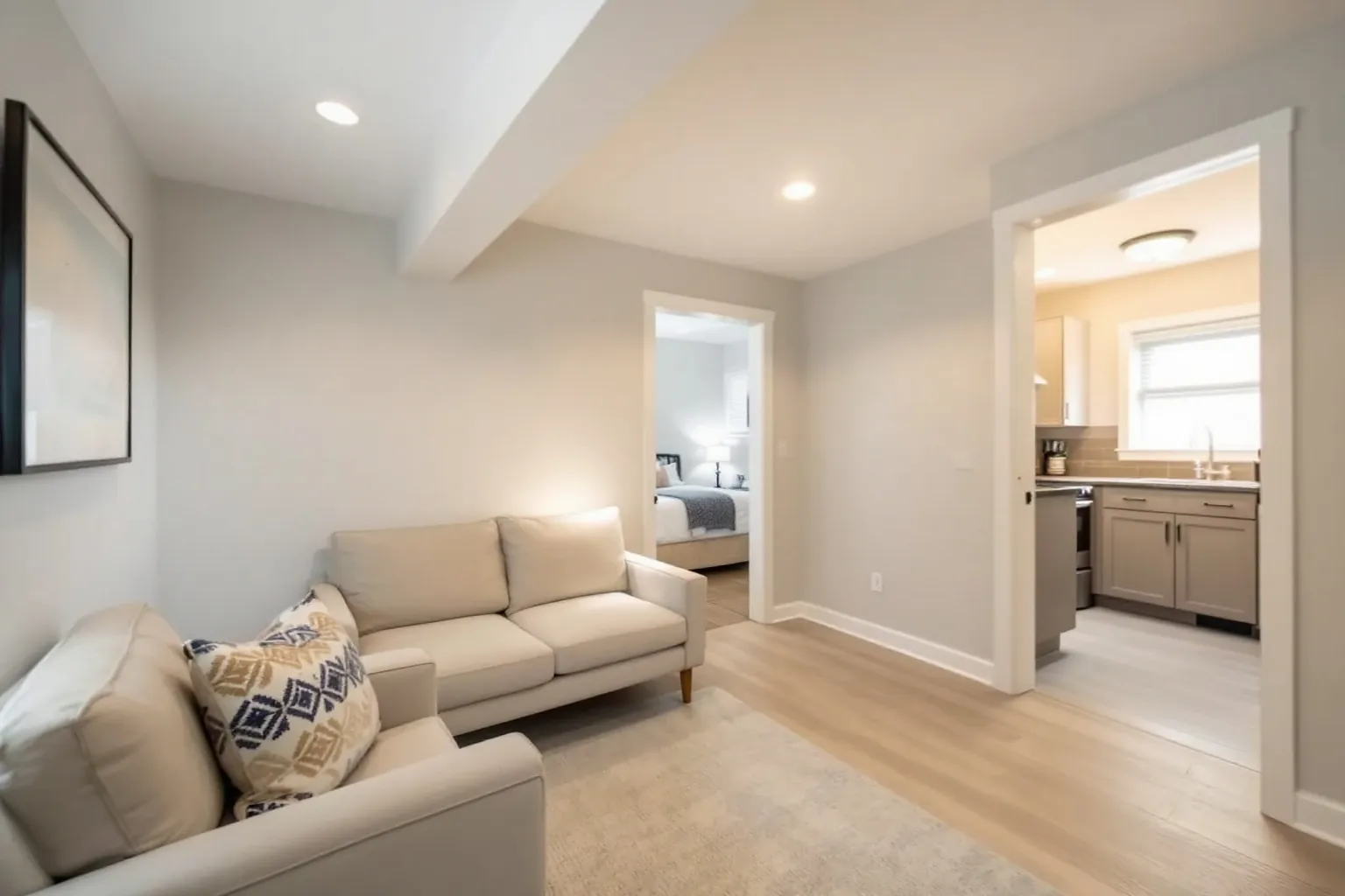 Example of a finished basement suite with a beige sofa and armchair, light plank floors, a boxed in beam, a bedroom through one door and a small kitchen through another
