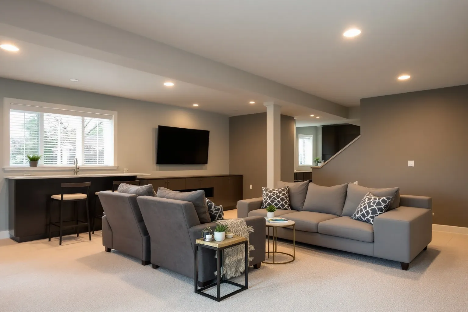 Example of a finished Mississauga basement with grey sofas on beige carpet, a wet bar with stools under a window, a wall TV and pot lights