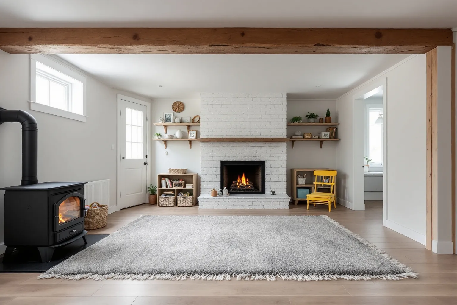 Example of a finished basement family room with a white brick fireplace, a black wood stove, a grey shag rug, wood shelves and a timber beam across the ceiling