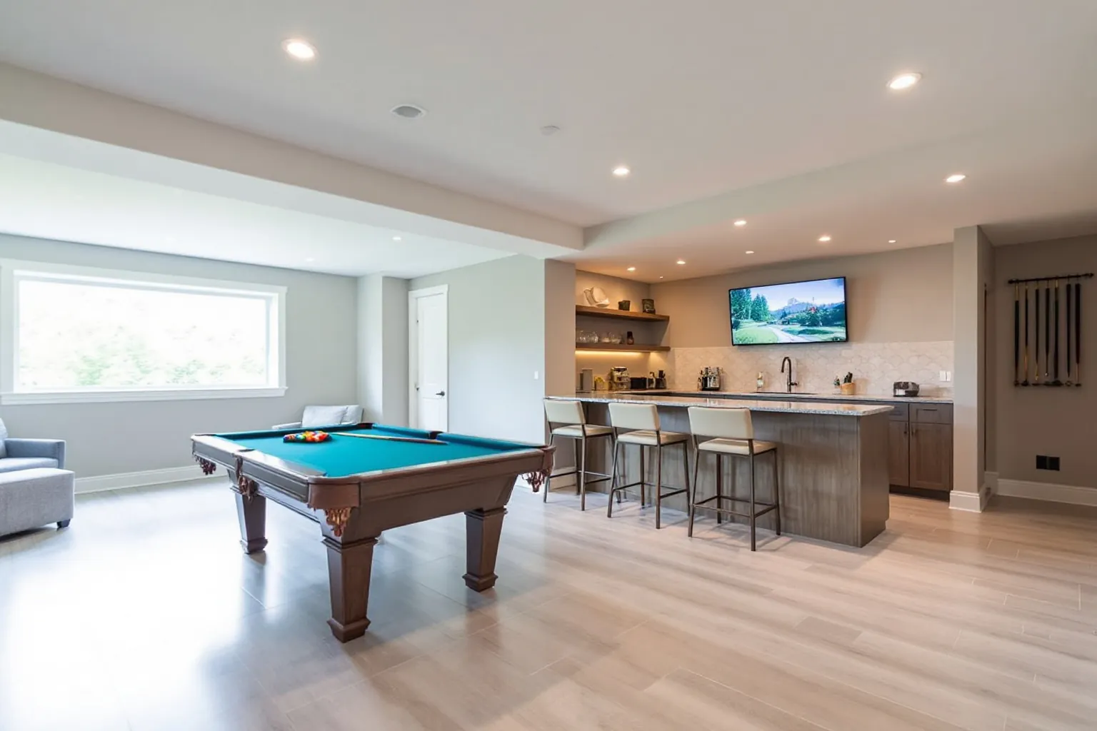 Example of a bright Oakville basement with a pool table, light plank flooring, a long bar with four stools, open shelves and a big window