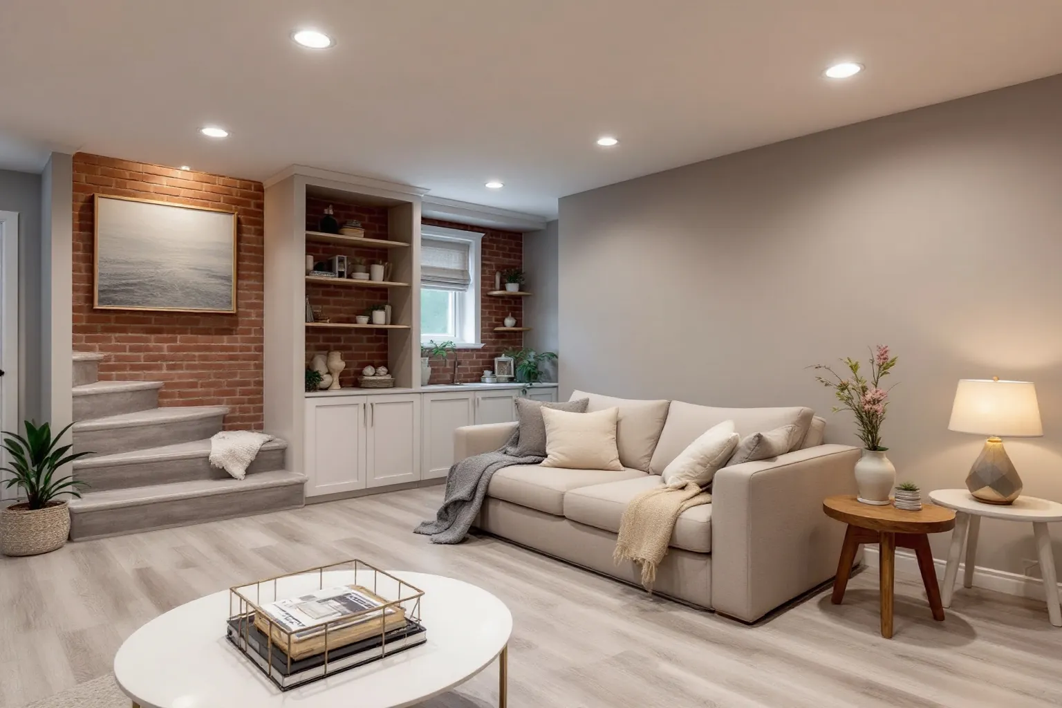 Example of a finished basement in an older Toronto semi with a sofa, pot lights, shelves and a staircase