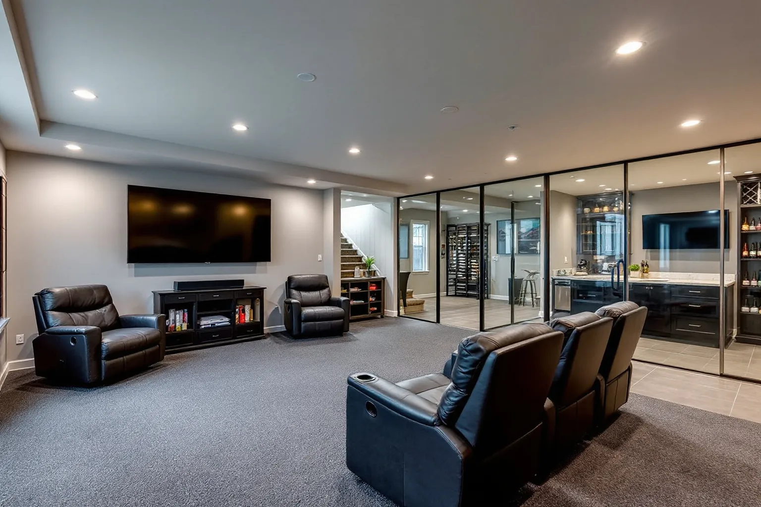 Example of a finished basement media room with black leather recliners, a large wall TV, grey carpet and a glass wall in front of a wet bar