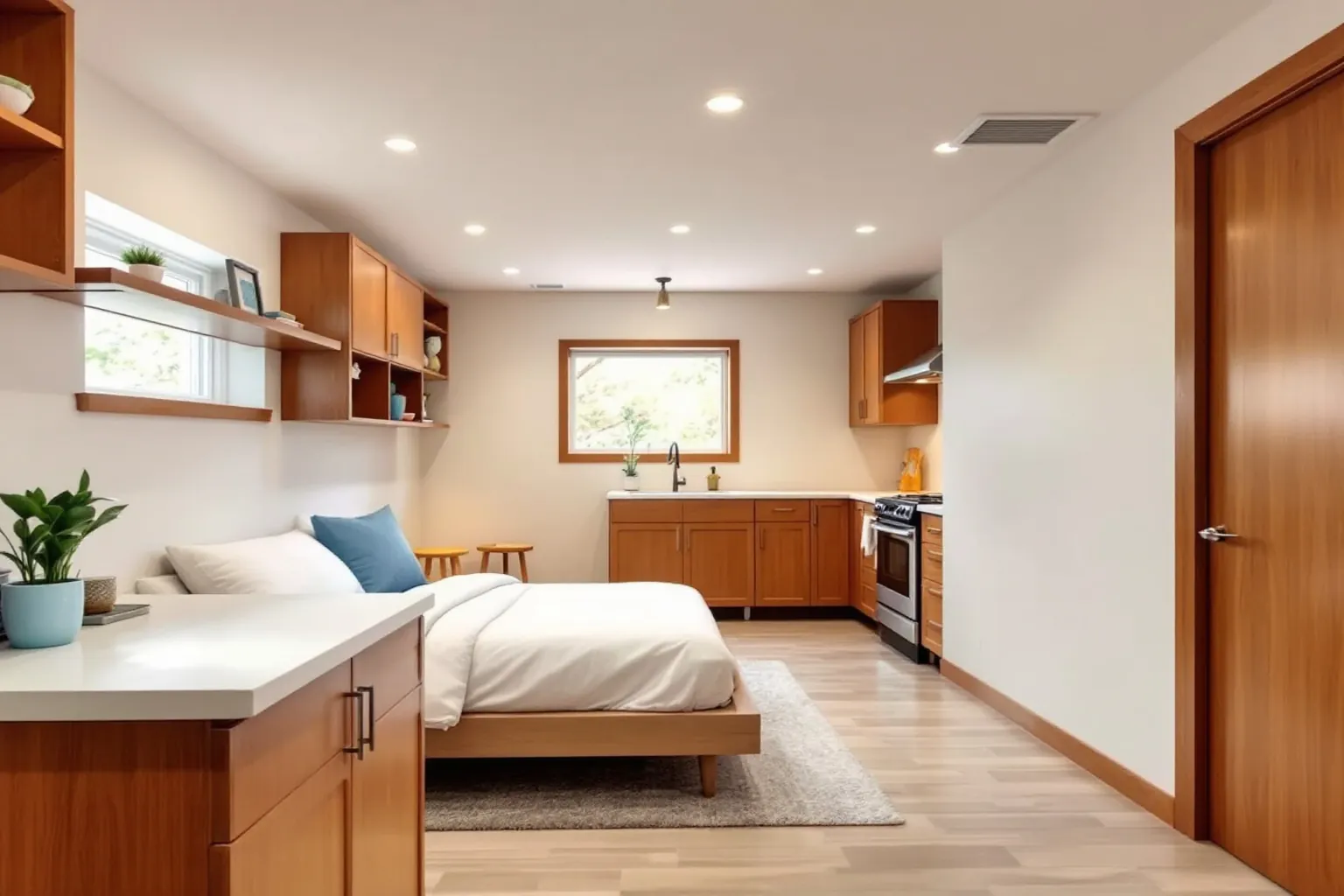 Example of a Waterloo basement studio with a bed on a grey rug, warm wood cabinets, a stove and sink under a window, and pot lights