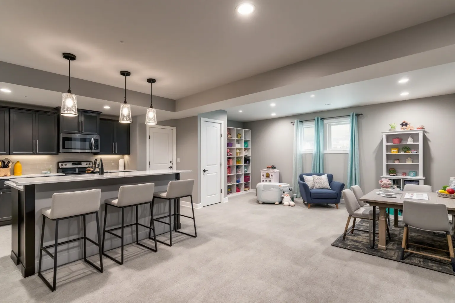 Example of a finished Whitby basement with a dark kitchen island and three stools under pendant lights, a toy shelf, a blue armchair and a small dining table