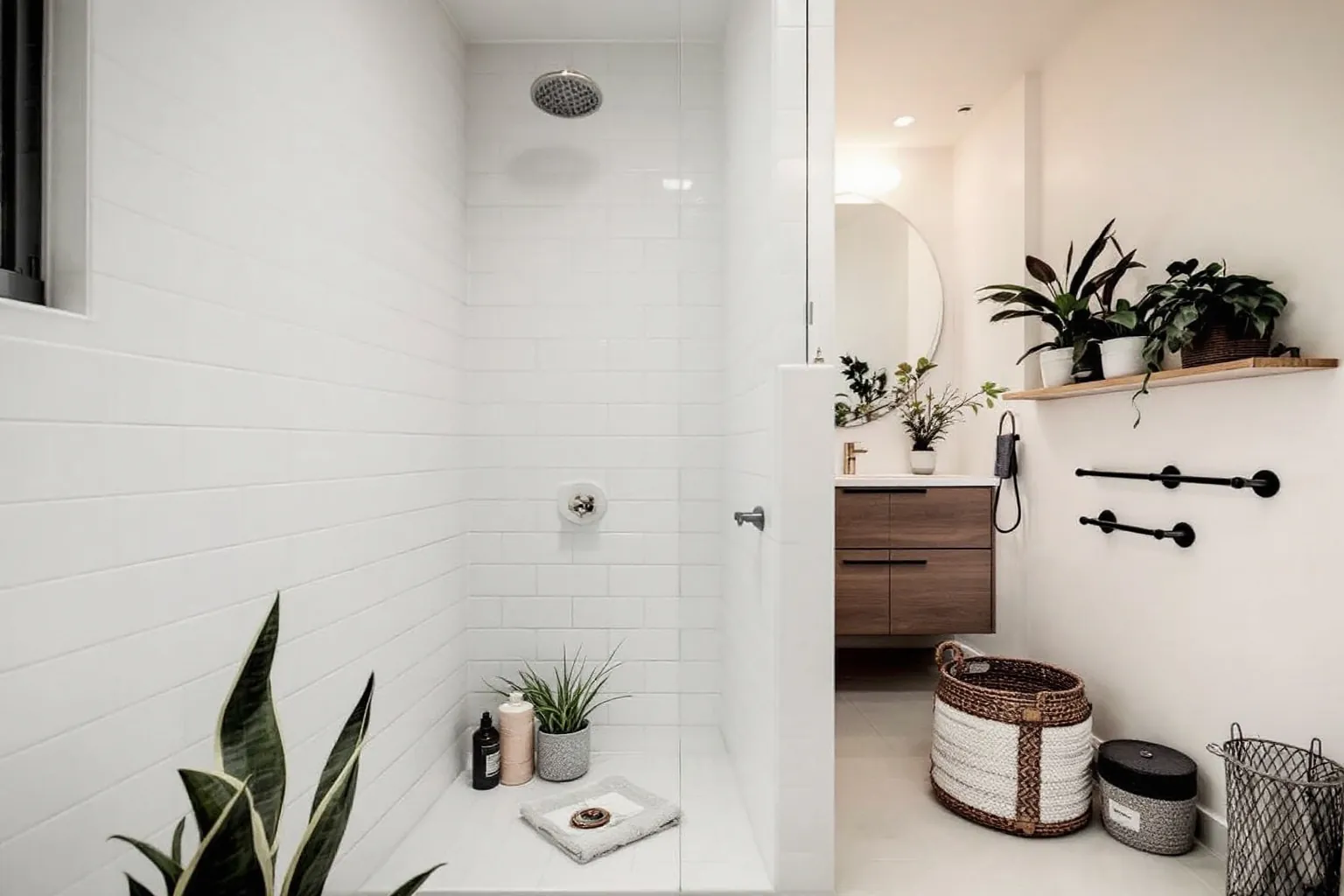 Example of a compact white bathroom with a walk-in shower, an open wood shelf and plants