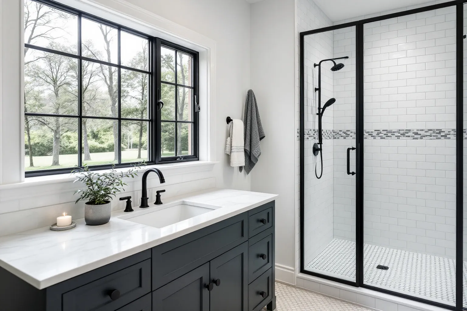 Example bathroom with a dark charcoal vanity, black fixtures and a glass shower beside a large window