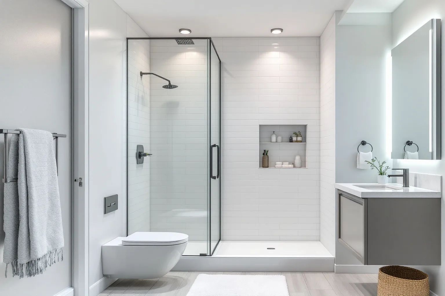 Example basement bathroom with a glass shower, a tiled niche, pot lights and a floating vanity