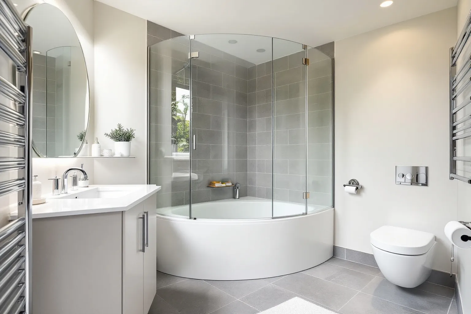 Example bright bathroom with a corner soaking tub, a glass shower and a wall-hung toilet