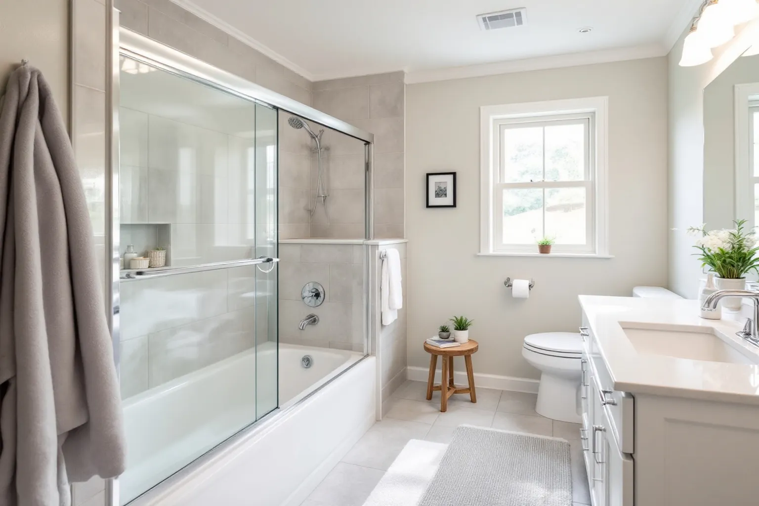 Example family bathroom with a glass shower, light grey tile and a white vanity