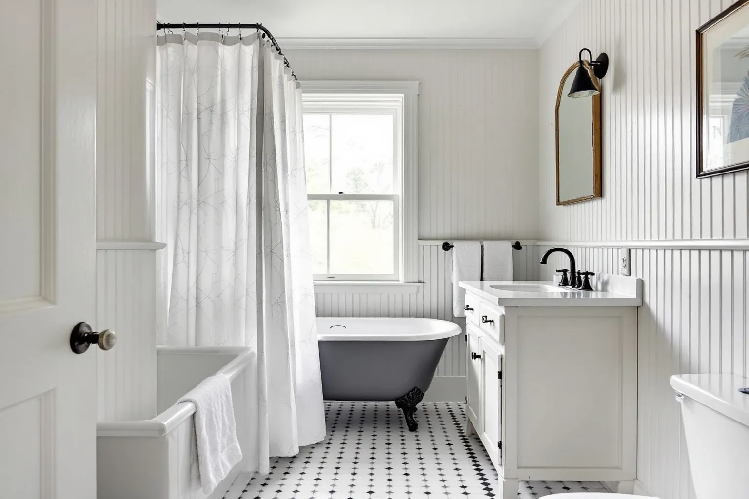 Example small-town bathroom with beadboard walls, a clawfoot tub with a curtain and a black and white floor