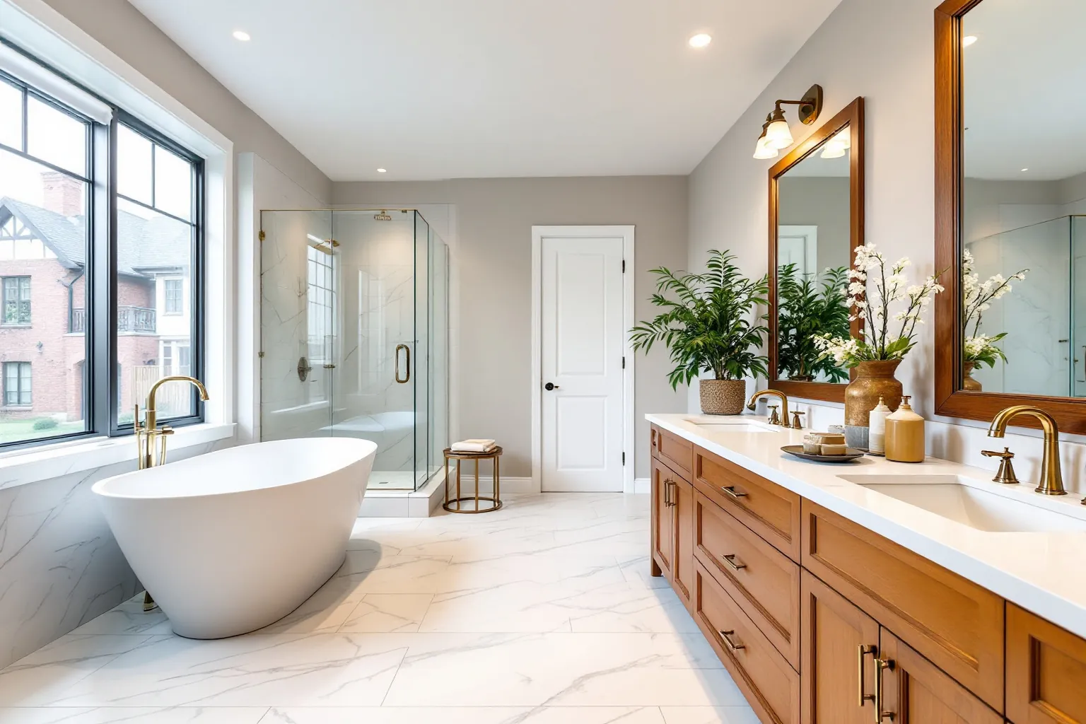 Example spacious ensuite with a freestanding tub, marble-look tile and a long wood double vanity