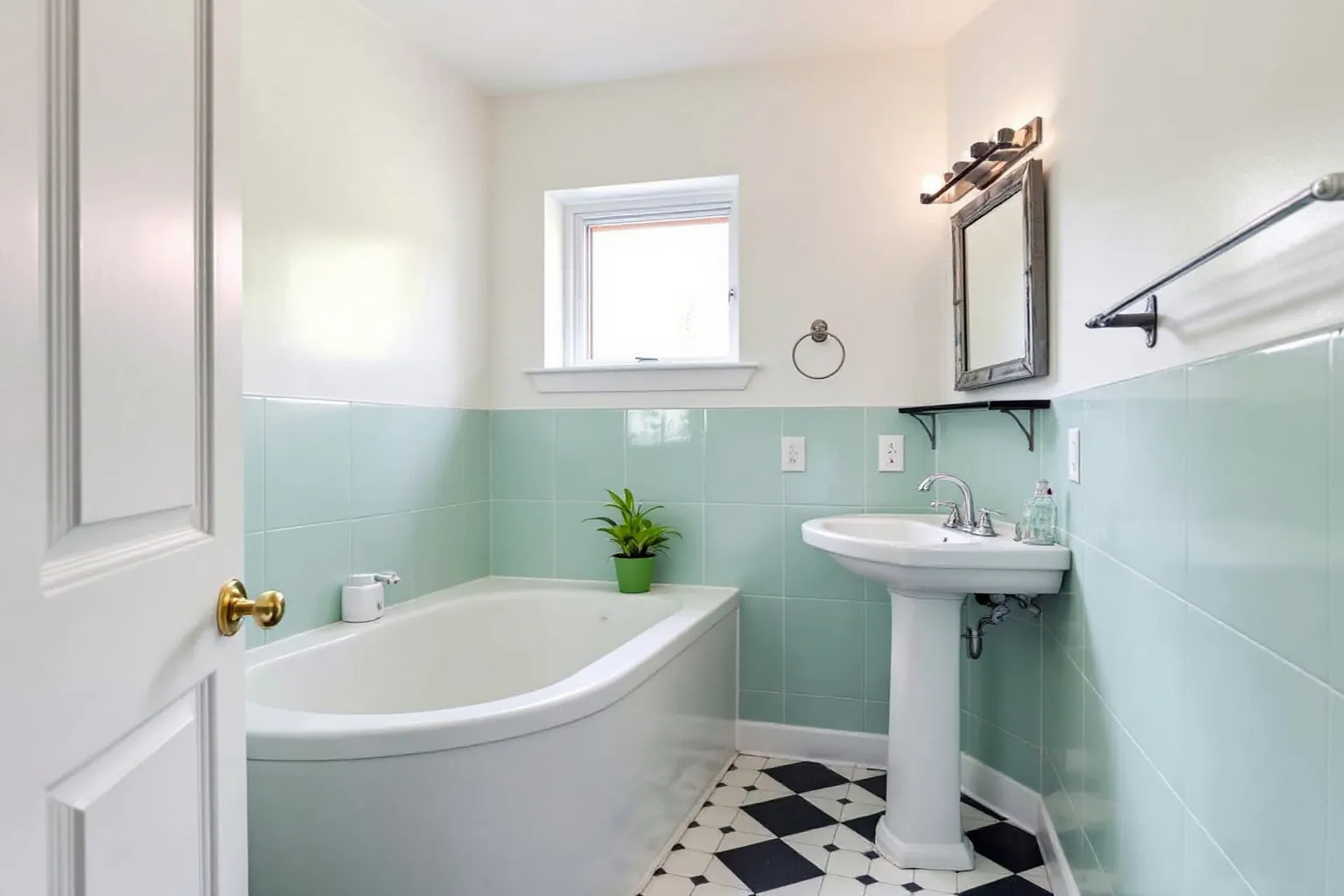 Example bungalow bathroom with mint green tile, a white tub and a pedestal sink