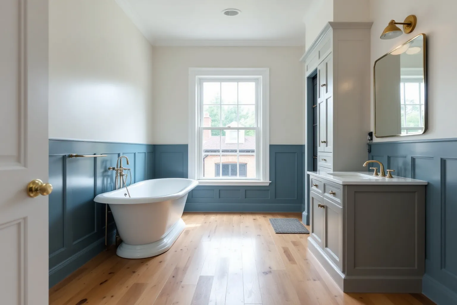Example century home bathroom with blue wainscoting, a clawfoot tub and a wide pine floor