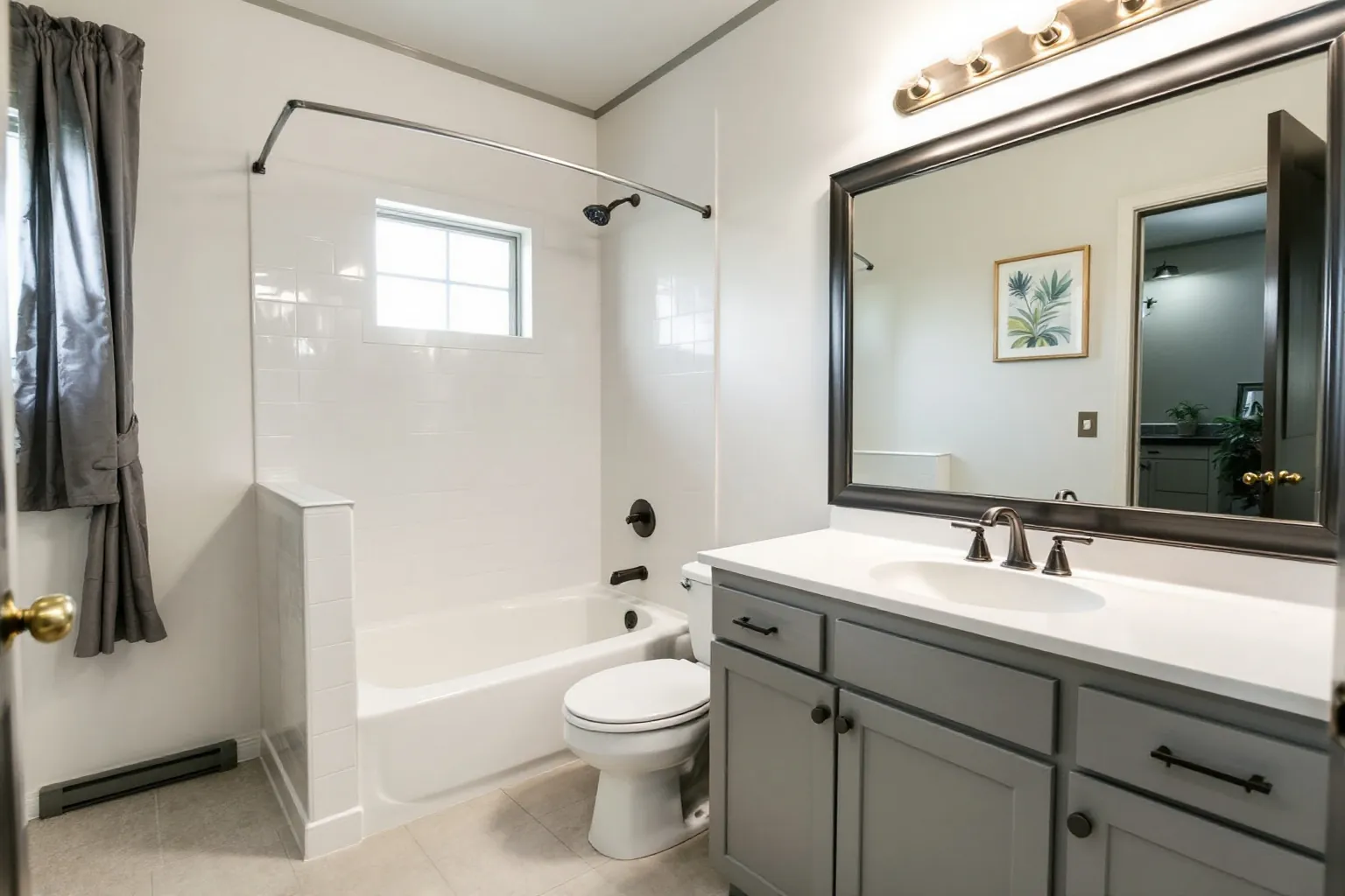 Example main bathroom with a white tub surround, a grey vanity and a large mirror