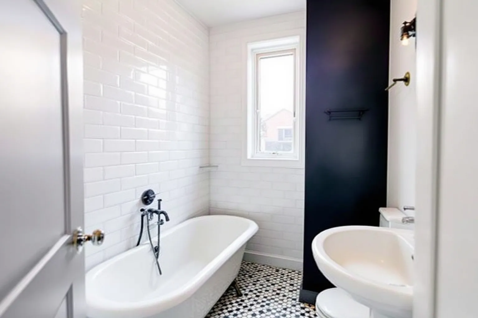 Example small bathroom in an older Toronto semi with white subway tile, a clawfoot tub and a hex tile floor
