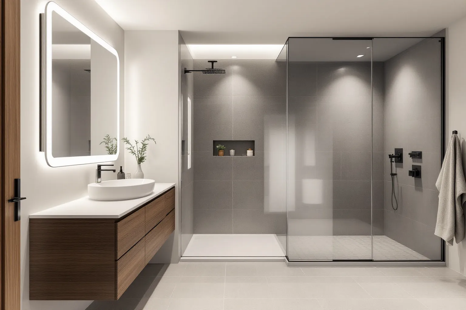 Example modern ensuite with a curbless walk-in shower, large grey tiles and a floating walnut vanity