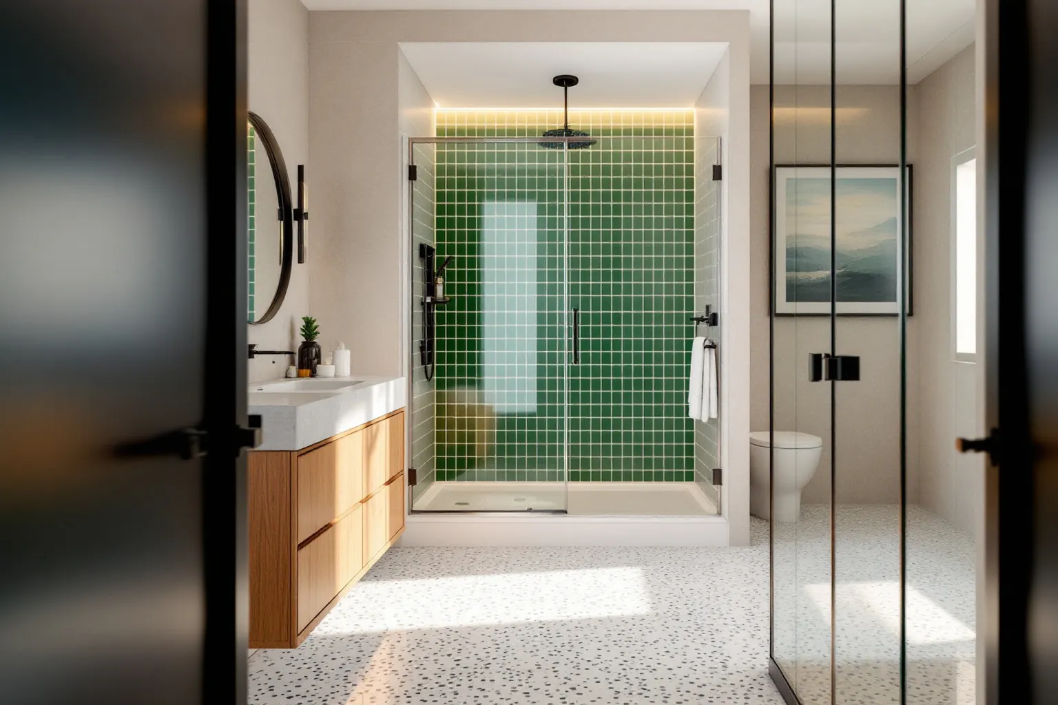 Example mid-century bathroom with a terrazzo floor, a green tile shower and a warm wood vanity