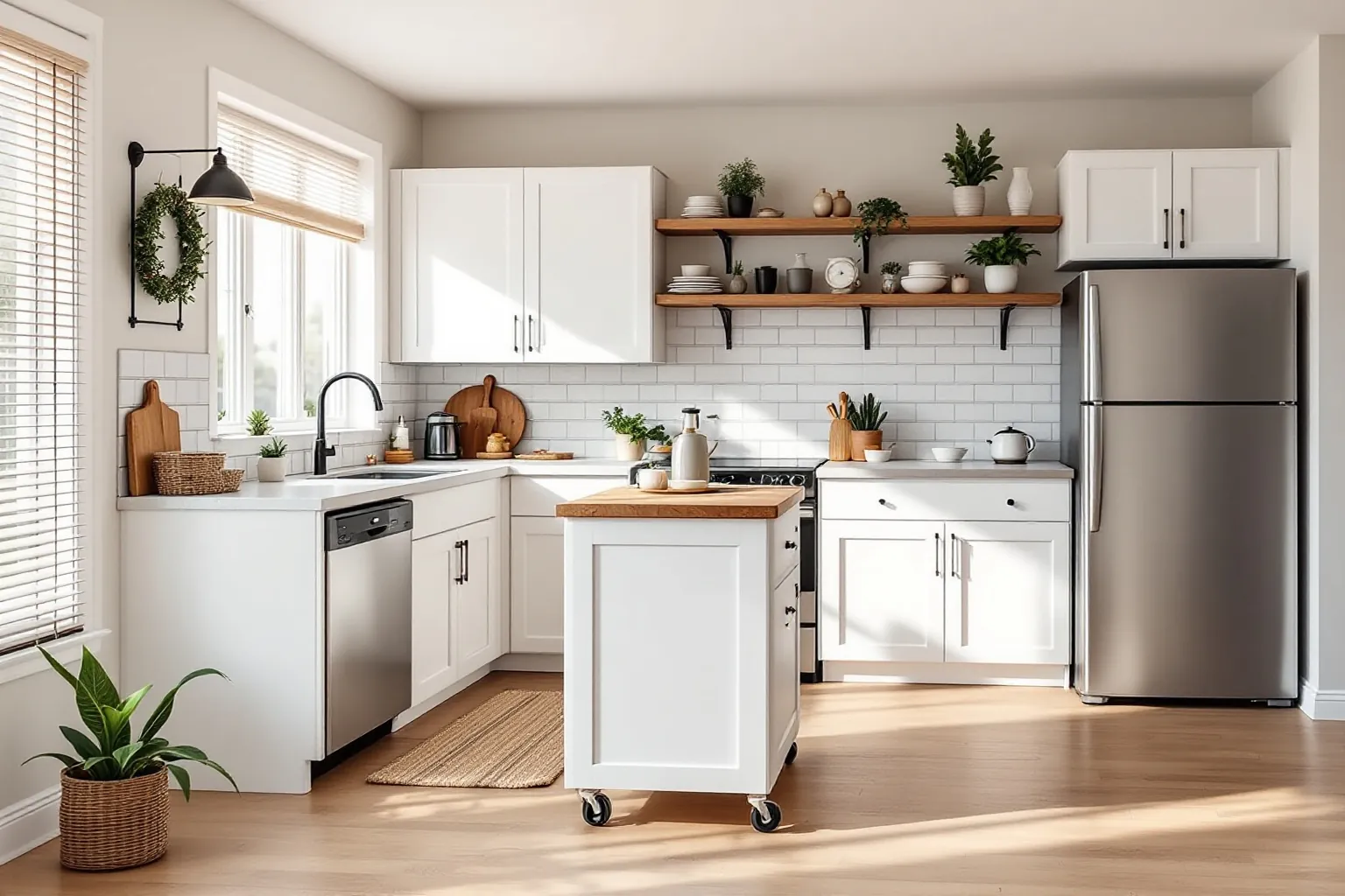 Example of a compact Ajax townhouse kitchen, white L-shaped cabinets, two wood open shelves over a white subway tile wall and a small island on wheels