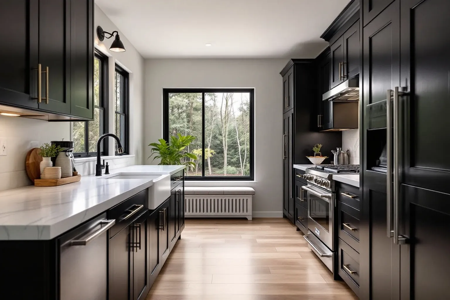 Example of a galley kitchen with black shaker cabinets, a white marble look counter, a farmhouse sink and a big window to the woods