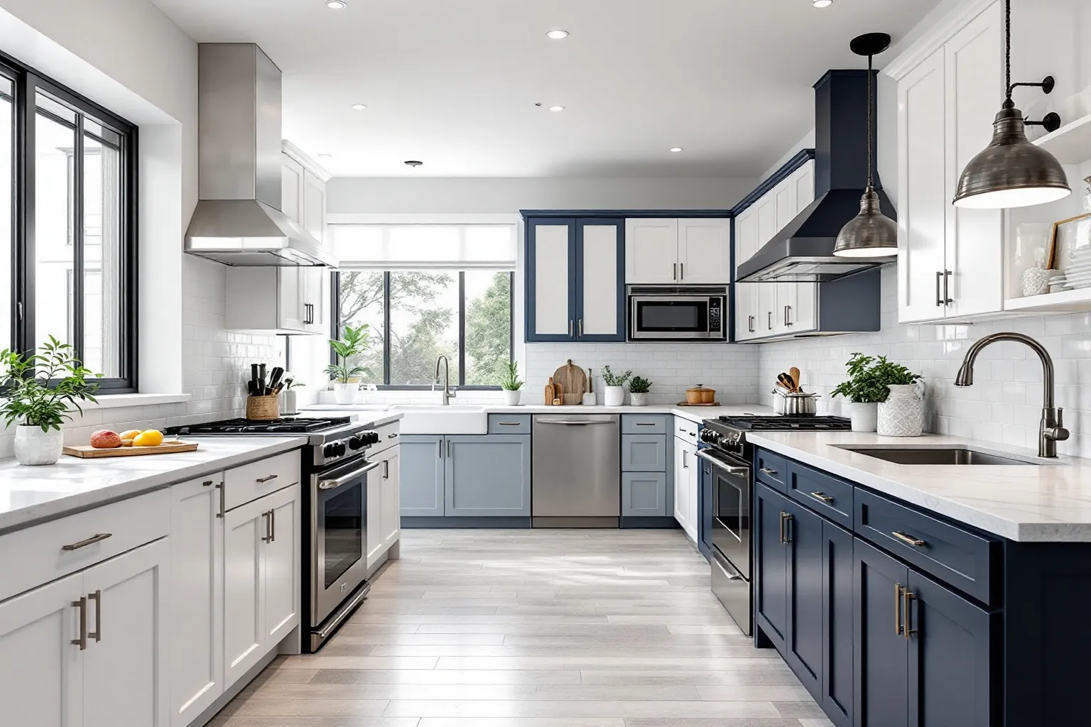 Example of a renovated Brampton kitchen with navy and white two-tone cabinets, white stone counters, stainless ranges and wide windows over the sink