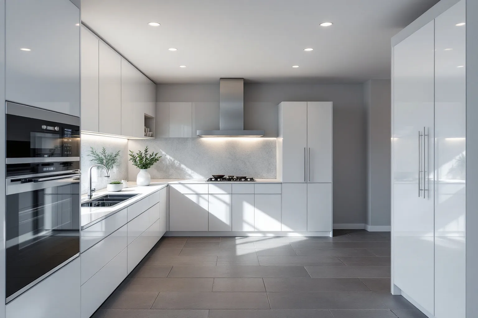 Example of an L shaped kitchen with glossy white flat cabinets, a steel chimney hood, built in wall ovens and a dark grey tile floor