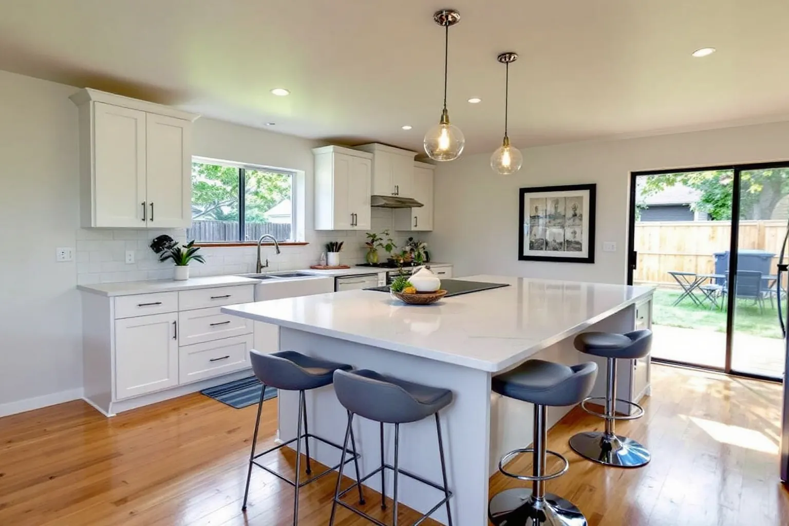 Example of an opened-up suburban kitchen in Mississauga, white shaker cabinets, a large white island with grey stools, wood floor and a sliding door to the backyard