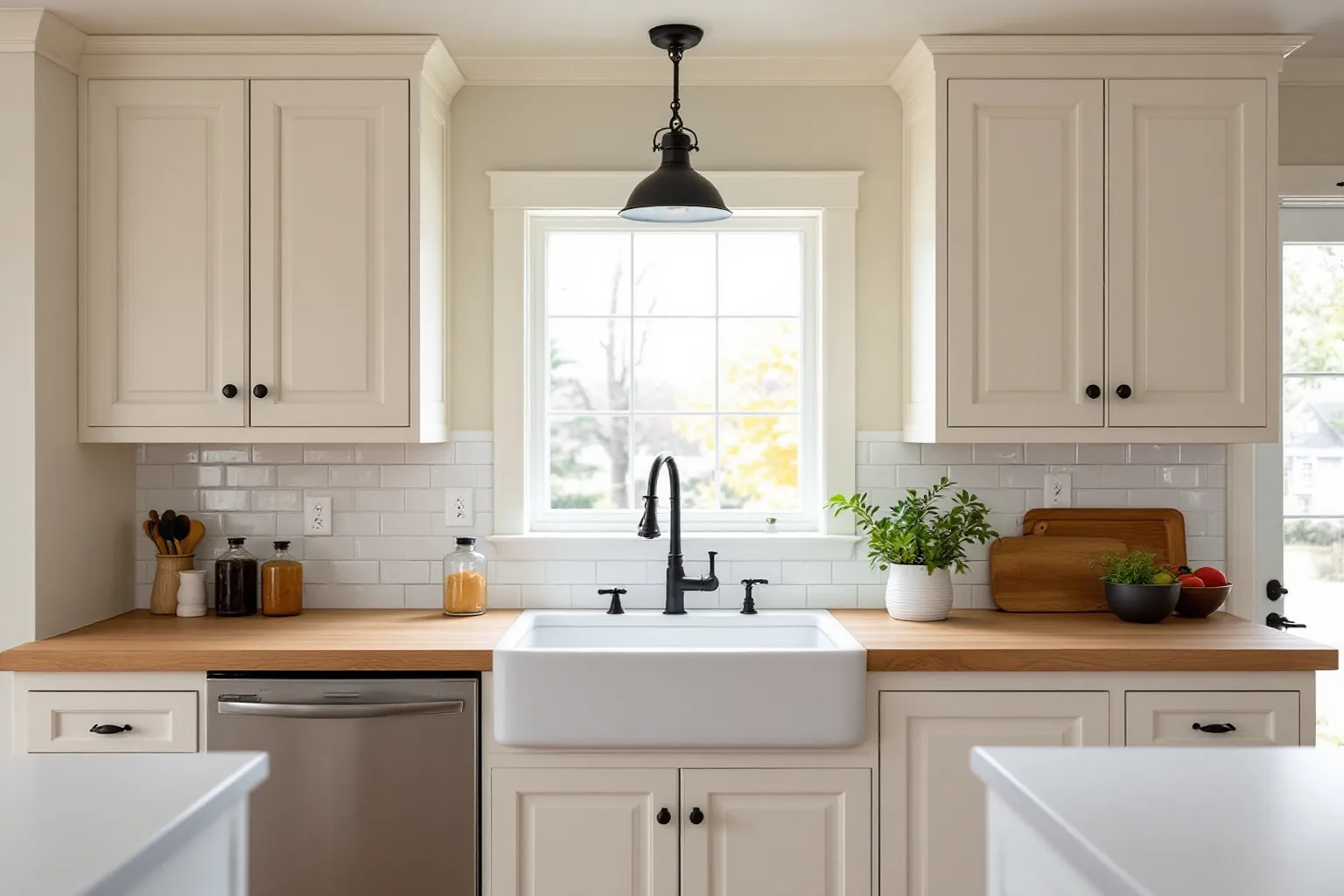 Example of a cosy kitchen with cream shaker cabinets, a butcher block counter, a white farmhouse sink under a window and a black iron pendant