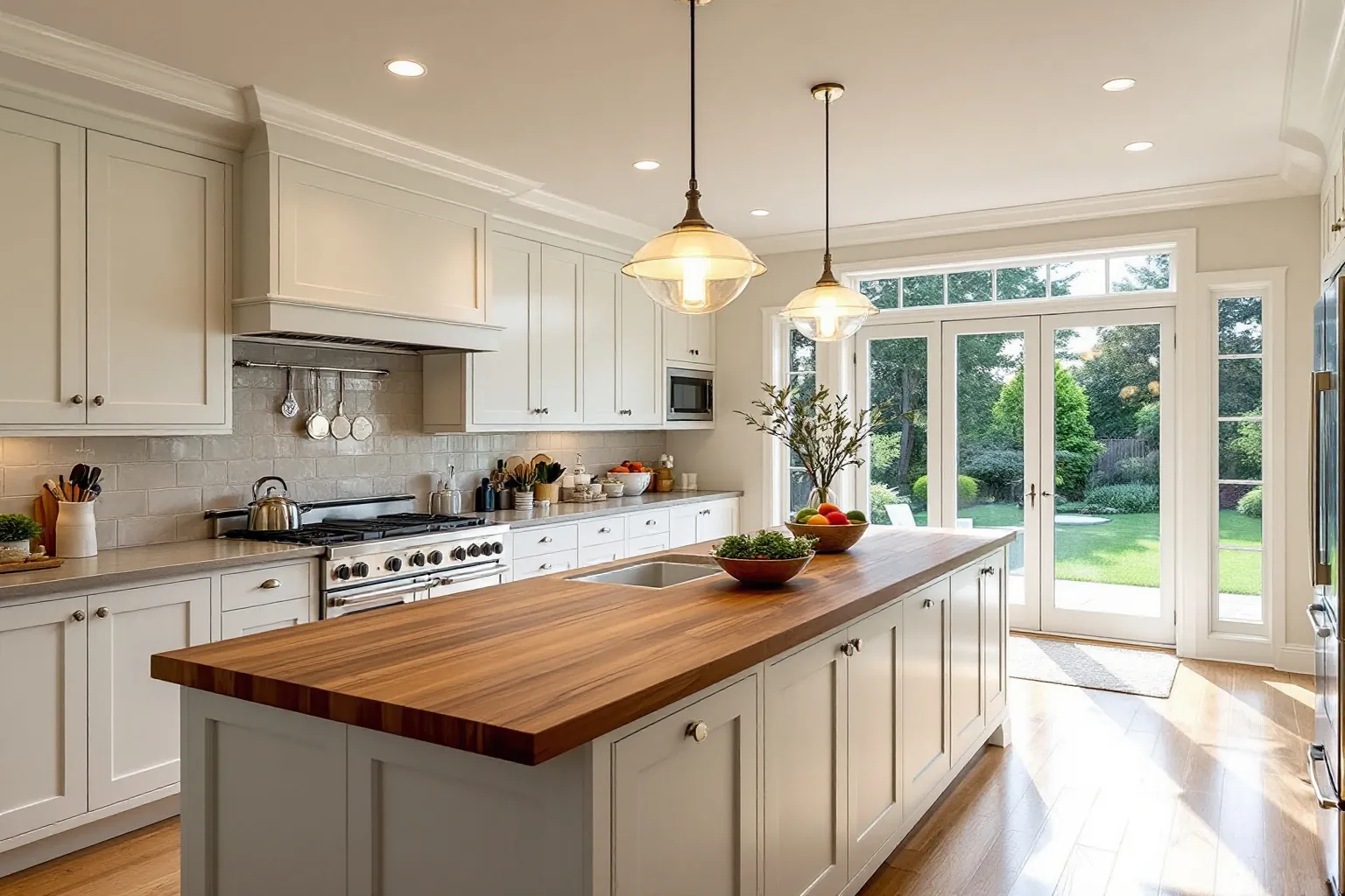 Example of a large Oakville family kitchen with warm white shaker cabinets, a long island with a walnut top, glass pendant lights and French doors to a green garden