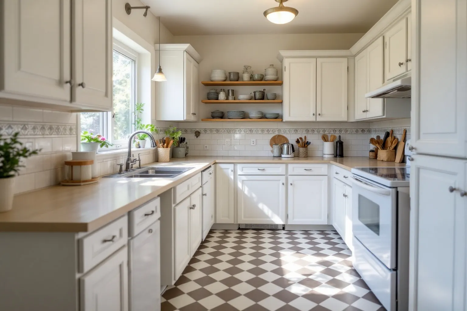 Example of a bright renovated kitchen in an older Oshawa bungalow, white cabinets in a U shape, wood open shelves, a window over the sink and a checkerboard tile floor