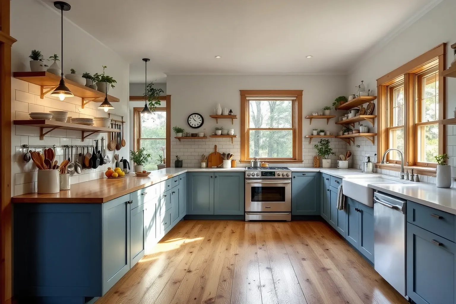 Example of a renovated kitchen in an old Peterborough house, blue painted lower cabinets, wood open shelves, a farmhouse sink, tall wood-framed windows onto trees and a wide plank floor