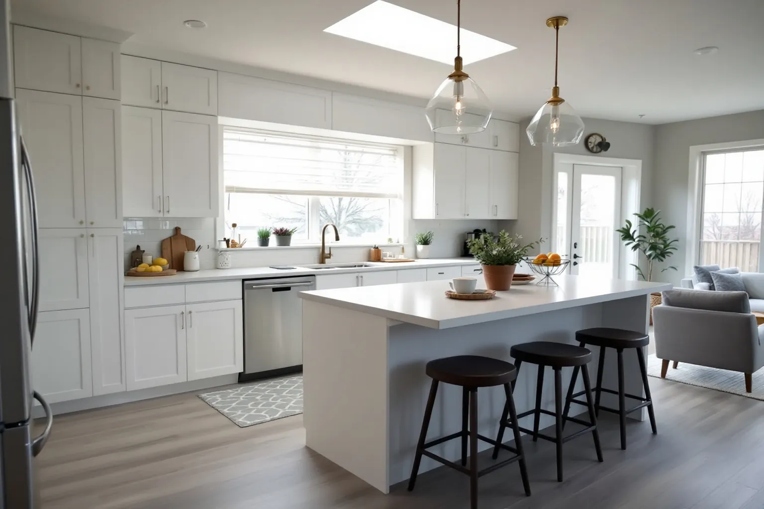 Example of a renovated kitchen in a 1970s Pickering side-split, wall to the living room removed, white shaker cabinets, a white island with three dark stools and a skylight above