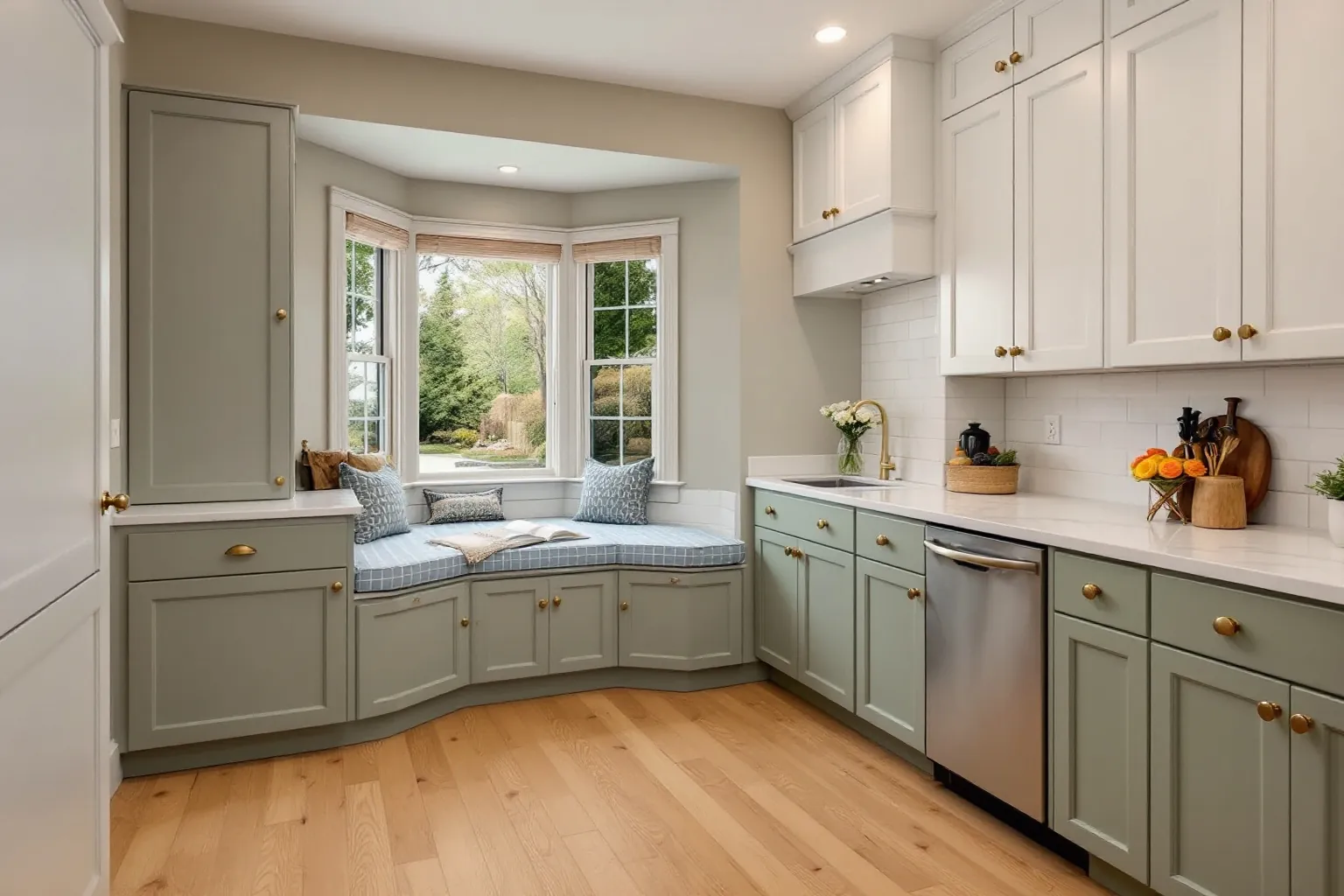 Example of a kitchen with sage green lower cabinets, white upper cabinets, brass knobs, a cushioned seat in a bay window and light oak floors