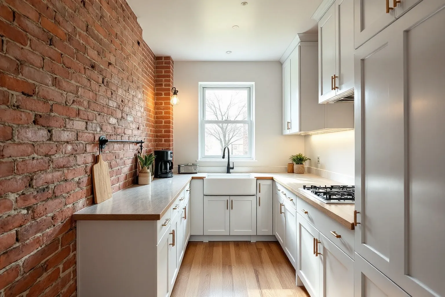 Example of a renovated galley kitchen in an old Toronto brick semi, white cabinets on both walls and exposed brick