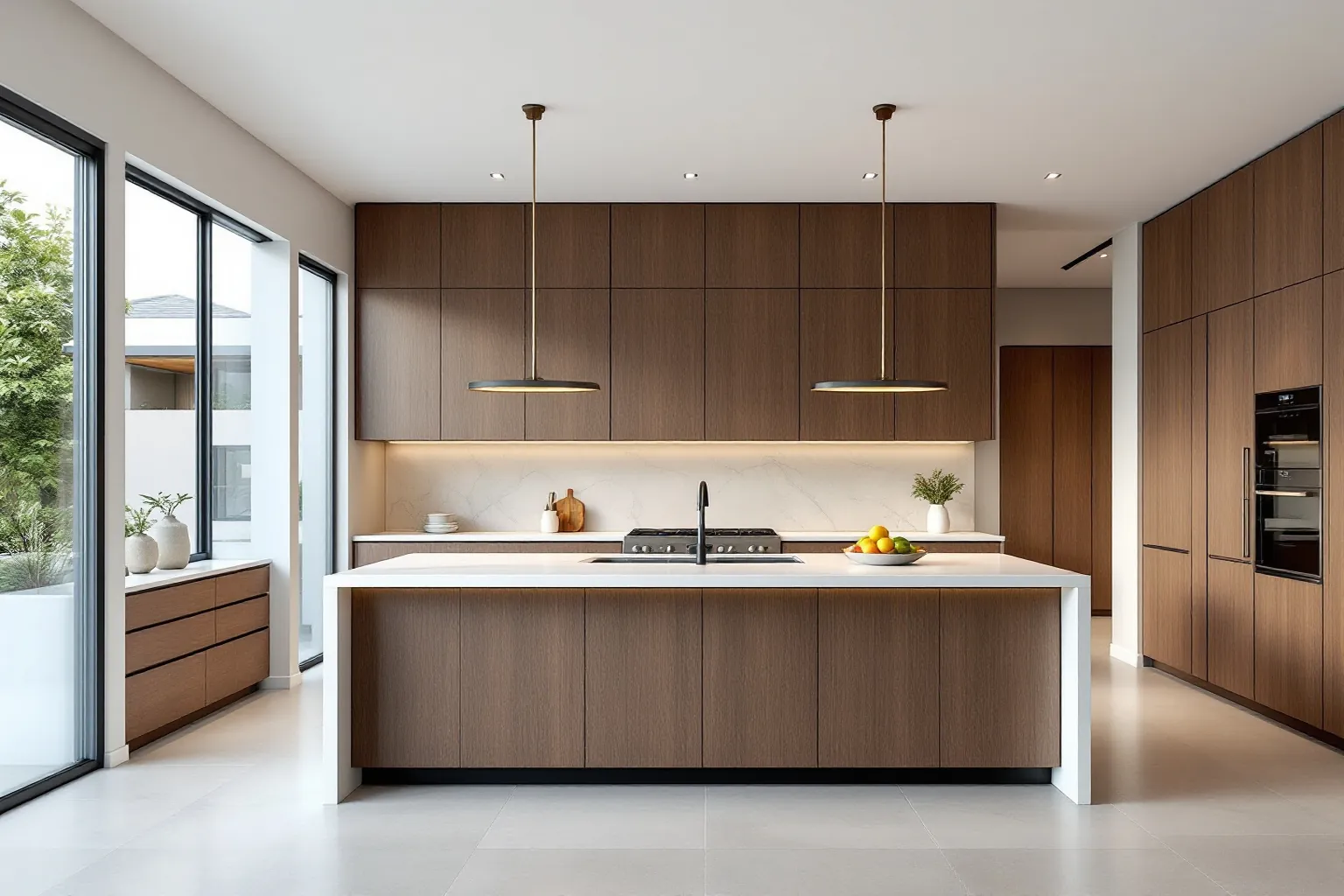 Example of a large modern kitchen with walnut flat panel cabinets, a white waterfall island, brass pendant lights and floor to ceiling windows