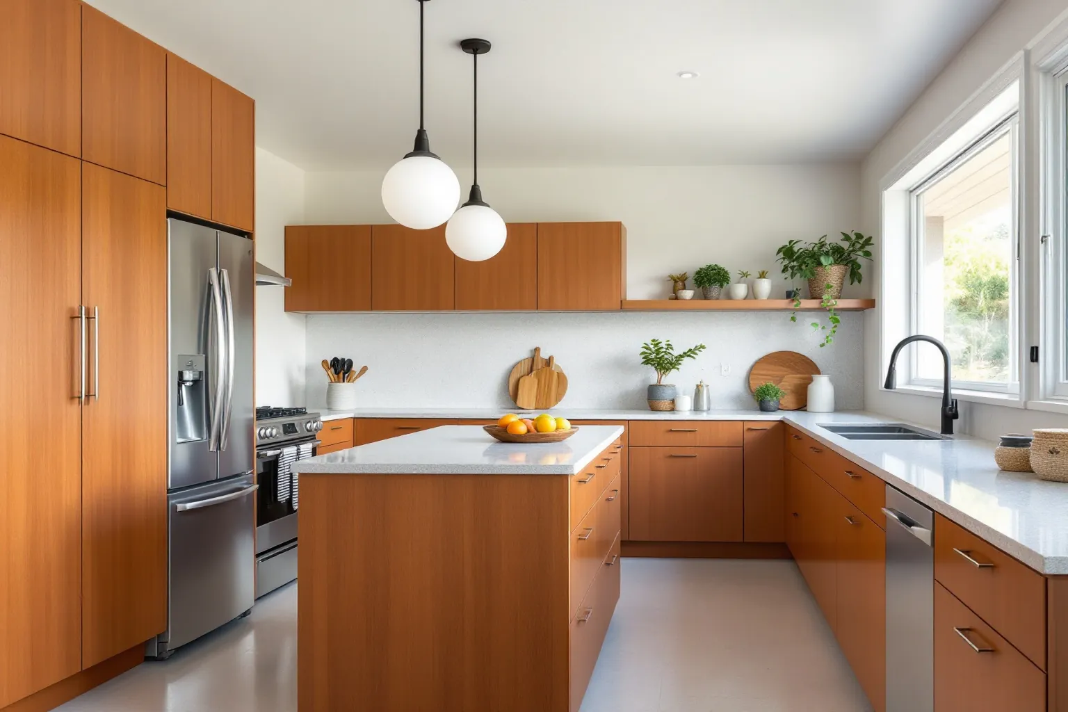 Example of a modern Waterloo kitchen with warm wood flat-panel cabinets, a pale speckled counter and backsplash, two white globe pendants and a big window by the sink