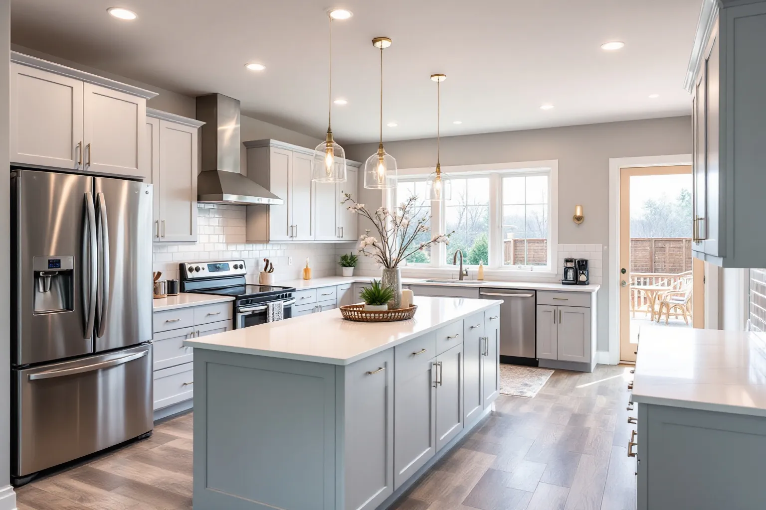 Example of a renovated kitchen in a newer Whitby home, light grey shaker cabinets, a long grey island with a white top, pot lights, glass pendants and a patio door to a deck