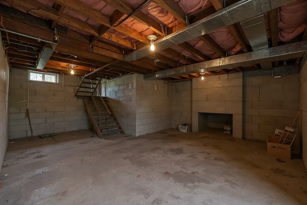 Illustration of the basement before: concrete floor, block walls, open joists and one bare bulb