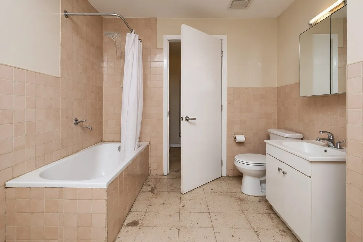 Illustration of the bathroom before: small pink tile, a built-in tub with a shower curtain and a white vanity
