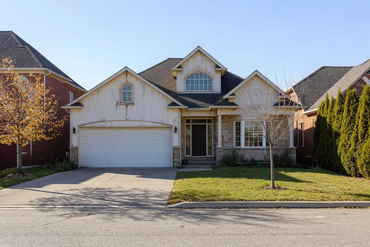 Illustration of the house before: faded painted siding, one plain garage door and patchy lawn