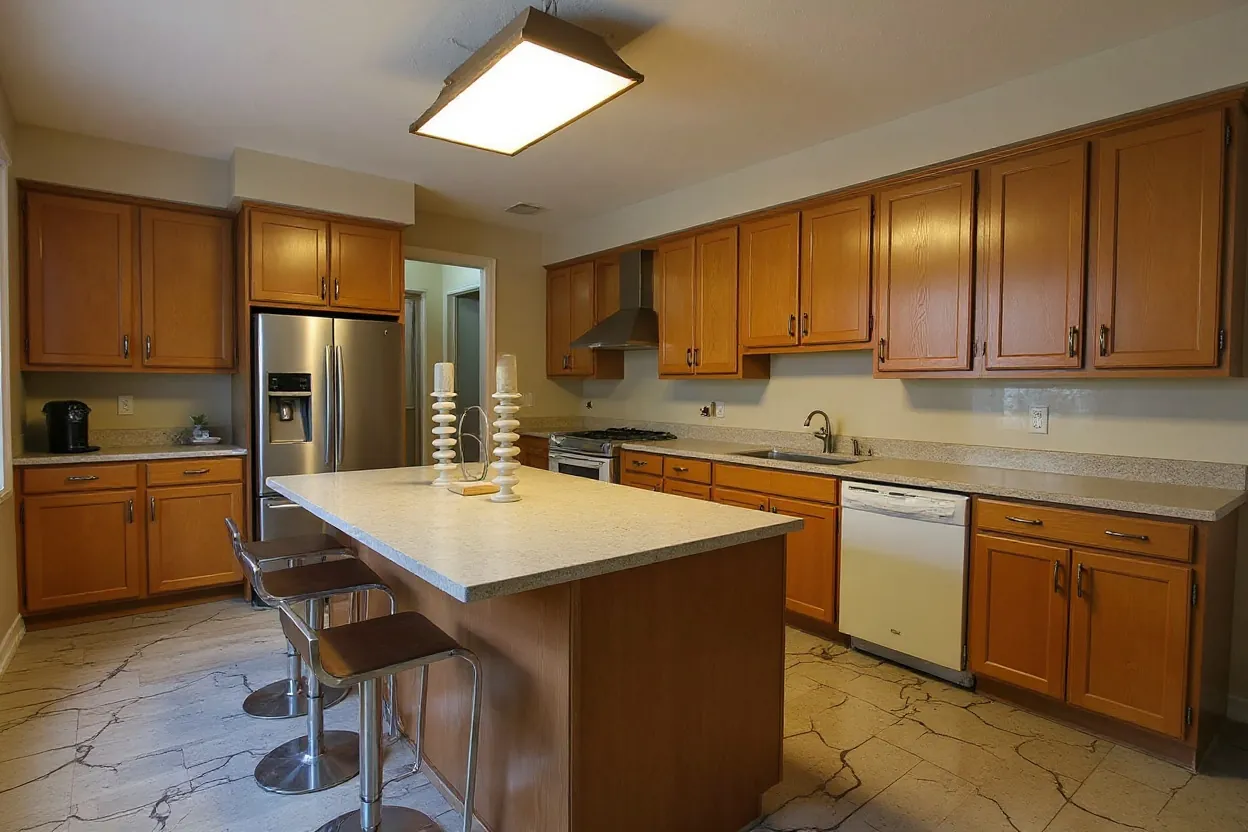 Illustration of the kitchen before: honey oak cabinets, beige laminate counters and a fluorescent box light