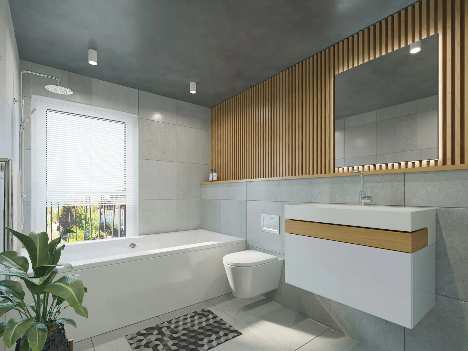 Bathroom with a wood slat wall, floating vanity and a built-in tub