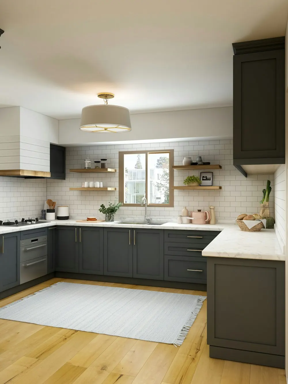 Kitchen with dark green cabinets, white counters and a light wood floor