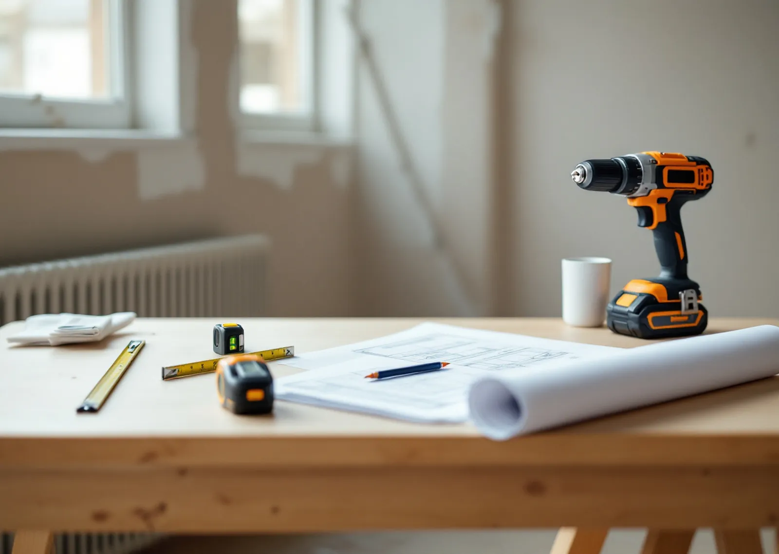 Contractor's workbench with a tape measure, a level, a cordless drill and a rolled plan in a room under renovation